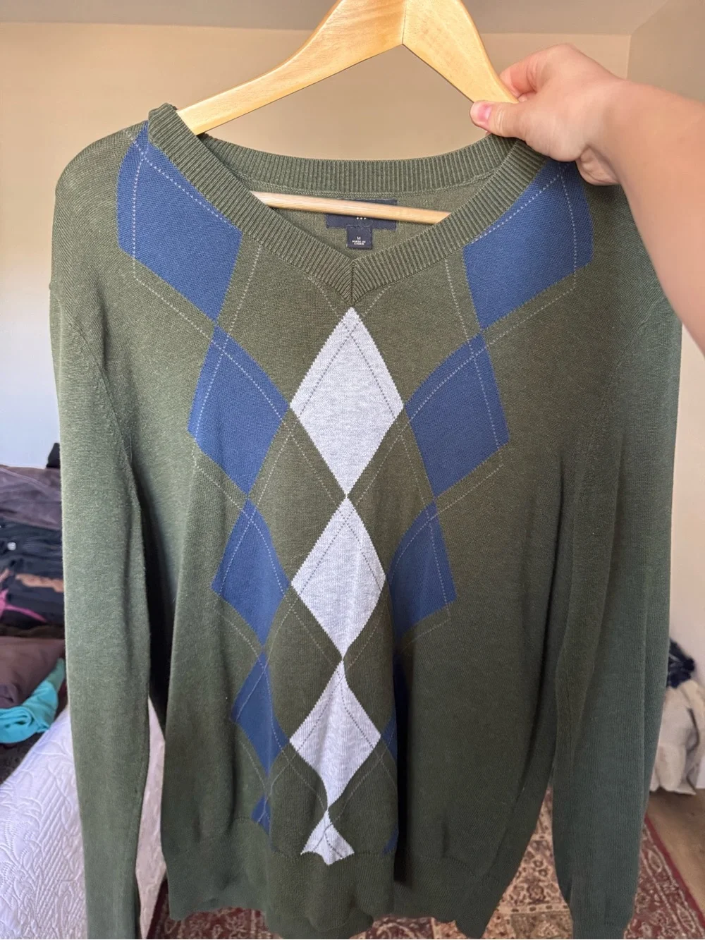 Banana Republic Olive Green V-Neck Argyle Sweater with Blue and Cream Diamonds